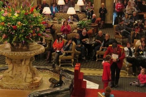 The Peabody Duckmaster instructing his latest charge. Get there early for a seat.
