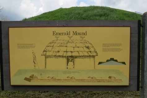 A panel helps you imagine what the Emerald Mound might have looked like in 1250 C.E.